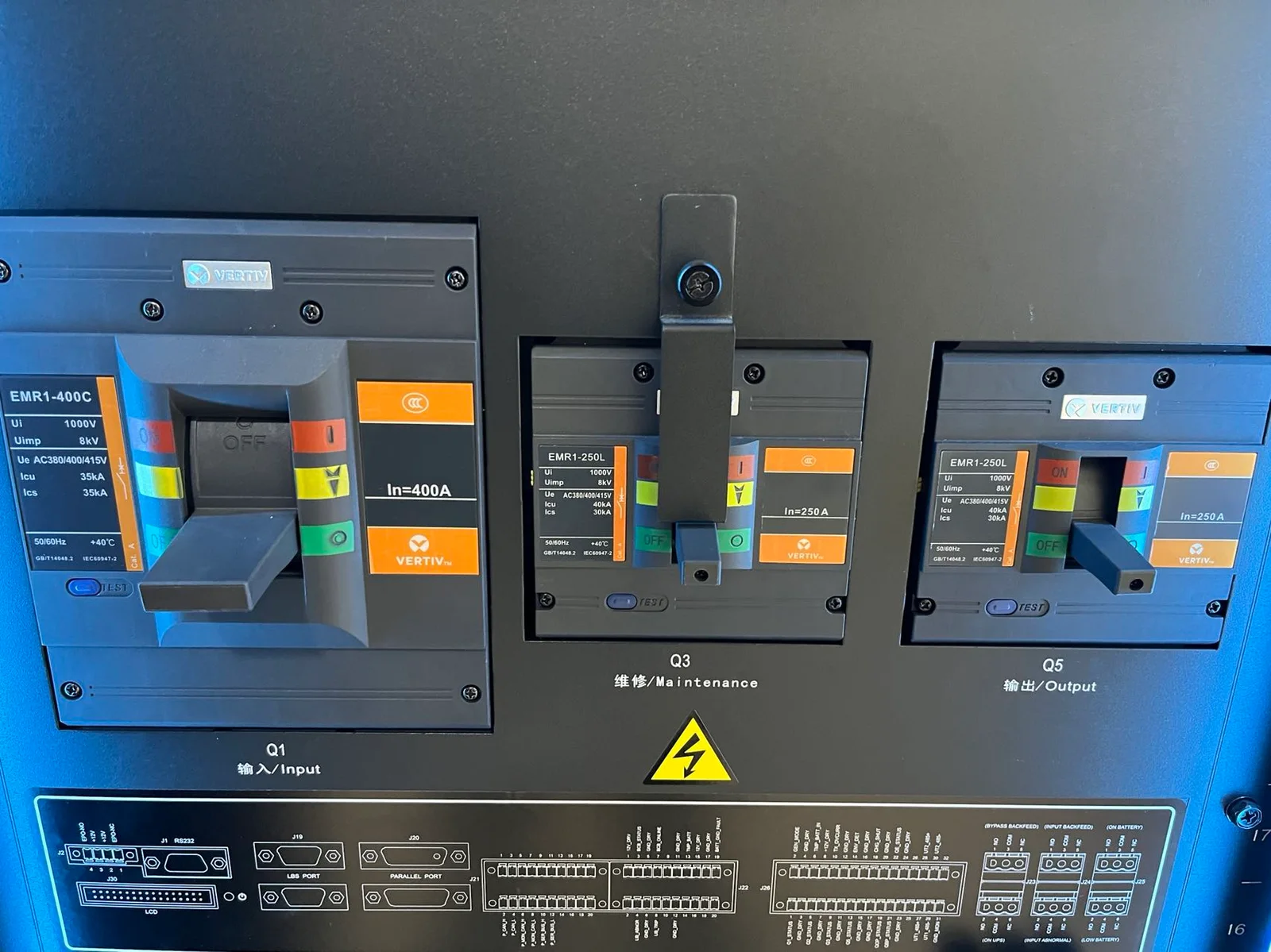 Internal switchgear detail inside a Vertiv Liebert APM 160 cabinet