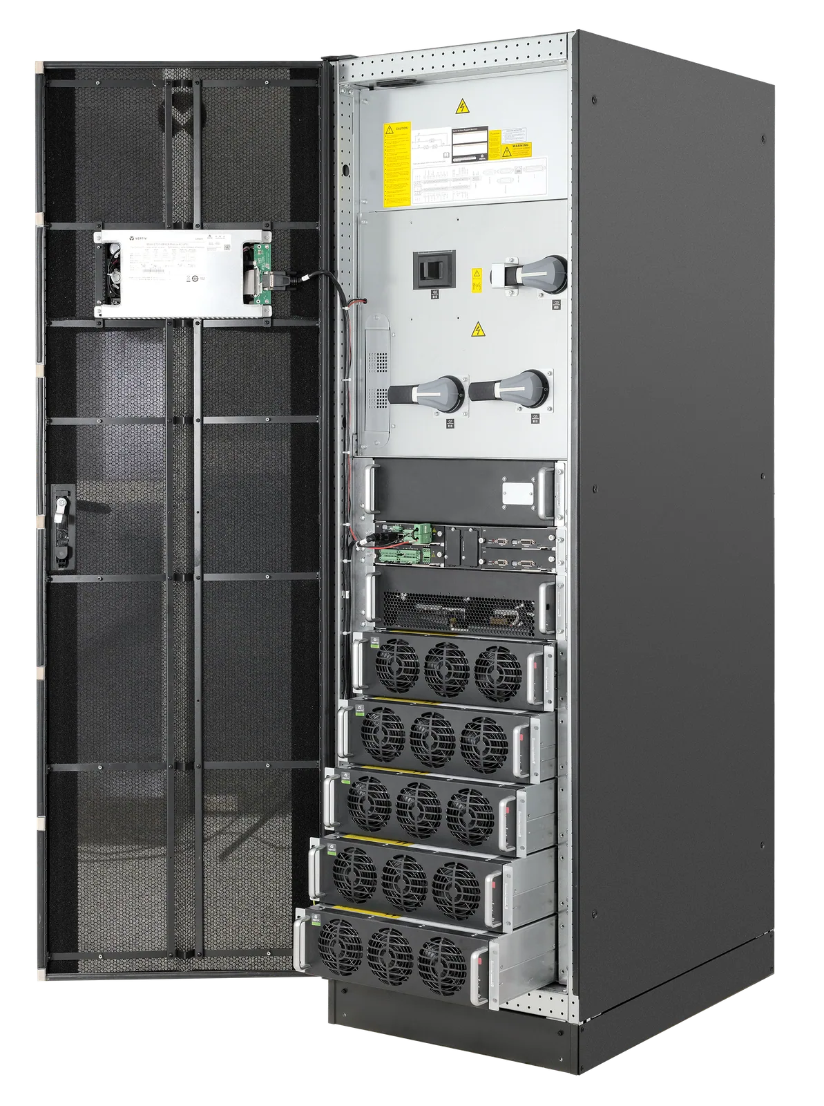Open Vertiv Liebert APM2 cabinet showing internal modules and service access