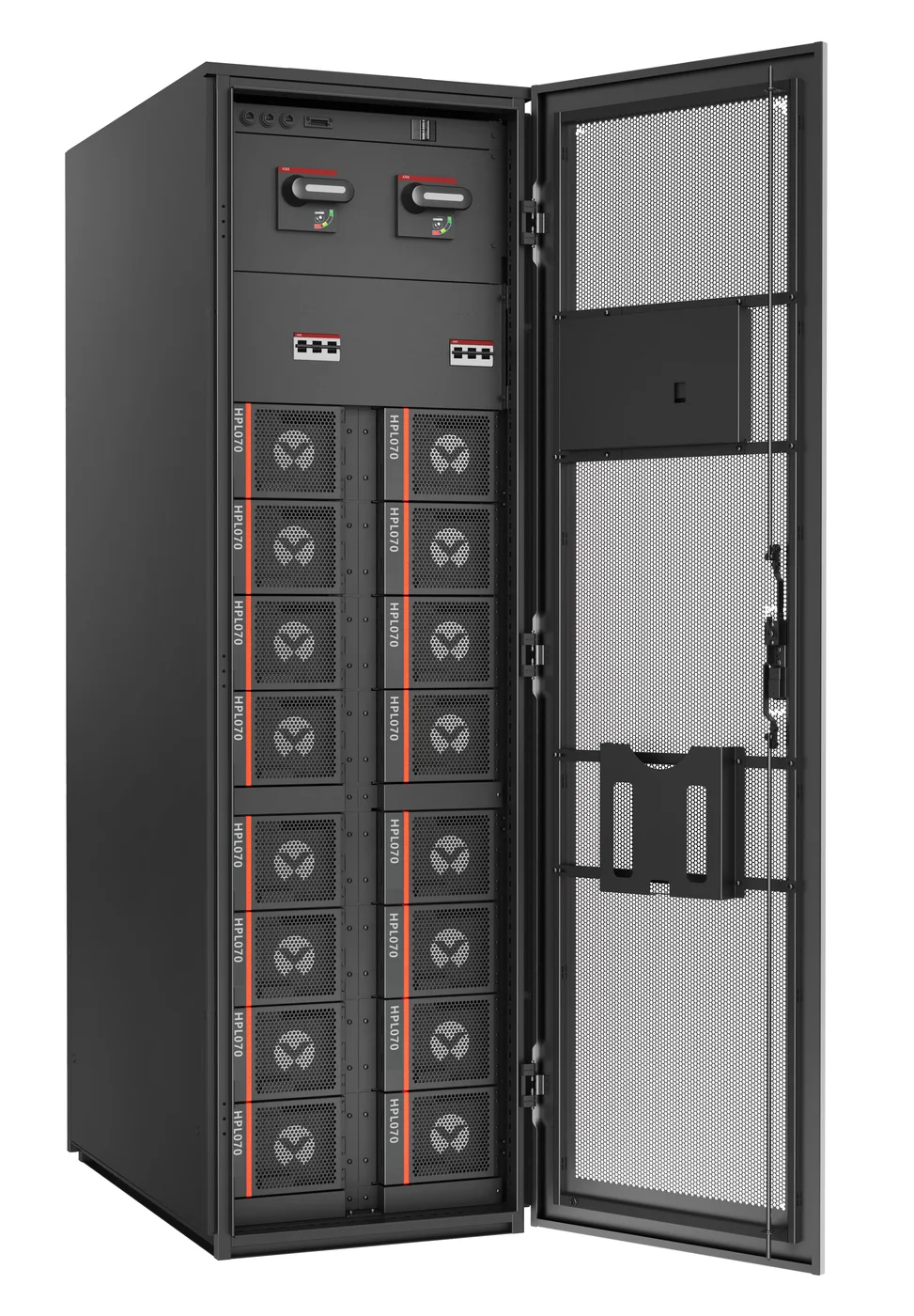 Open Vertiv HPL P1 battery cabinet showing battery modules