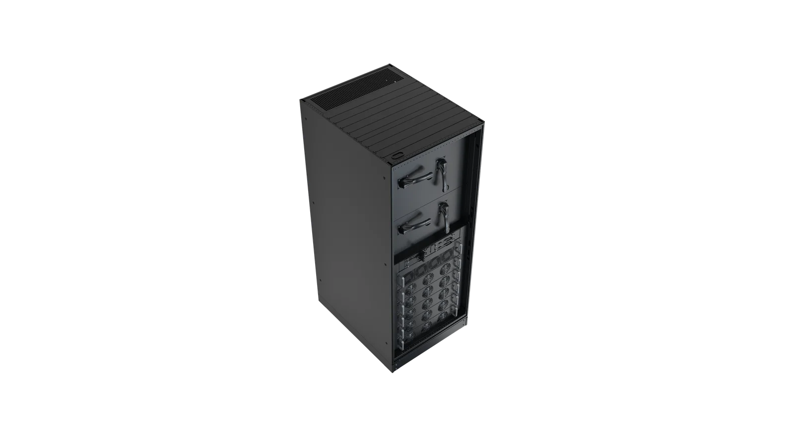 Top perspective of an open Vertiv PowerUPS 9000 cabinet